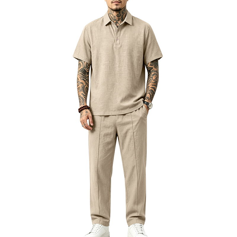 Short Linen Drawstring - طقم بولو رجالي من قطعتين: قميص