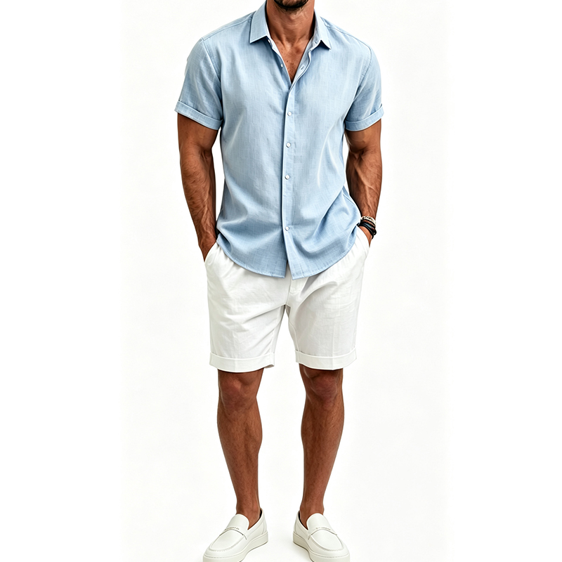 Short Linen Drawstring - طقم قميص رجالي من القطن والكتان،